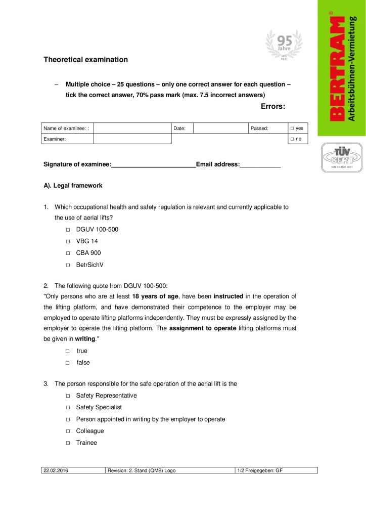 Theoriebogen Bedienausweis En